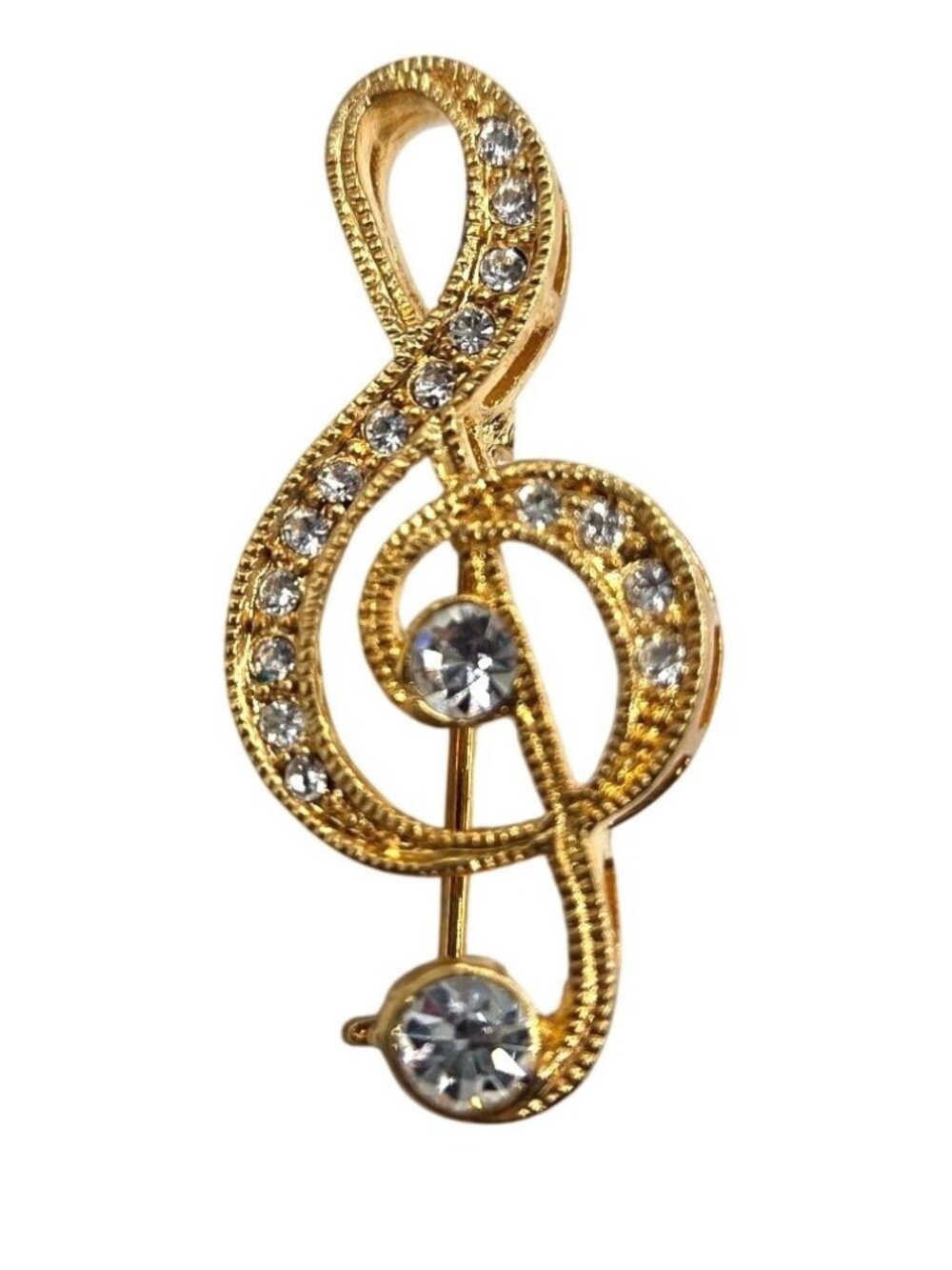 Gold-Tone Treble Clef Pin Brooch With Clear Rhinestones